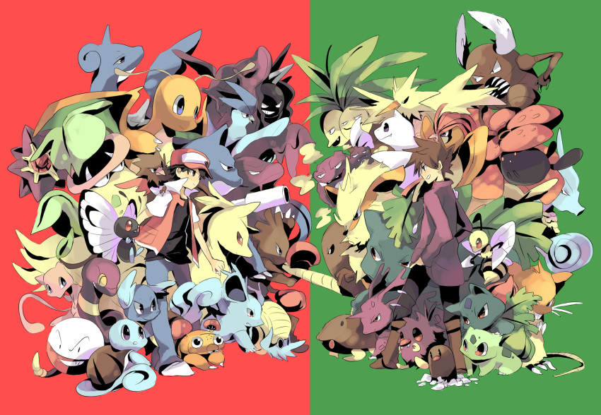2boys, arcanine, articuno, artist_request, baseball_cap, beedrill, black_hair, brown_hair