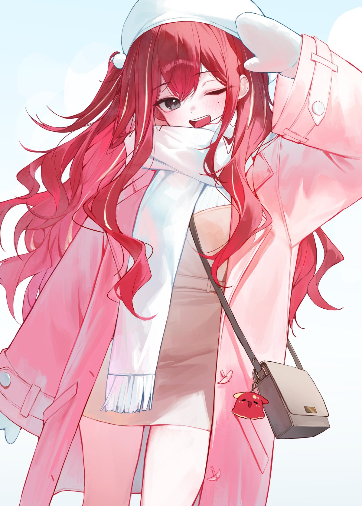 1girl, akane_lize, bag, beret, brown_bag, brown_dress, coat, cropped_legs