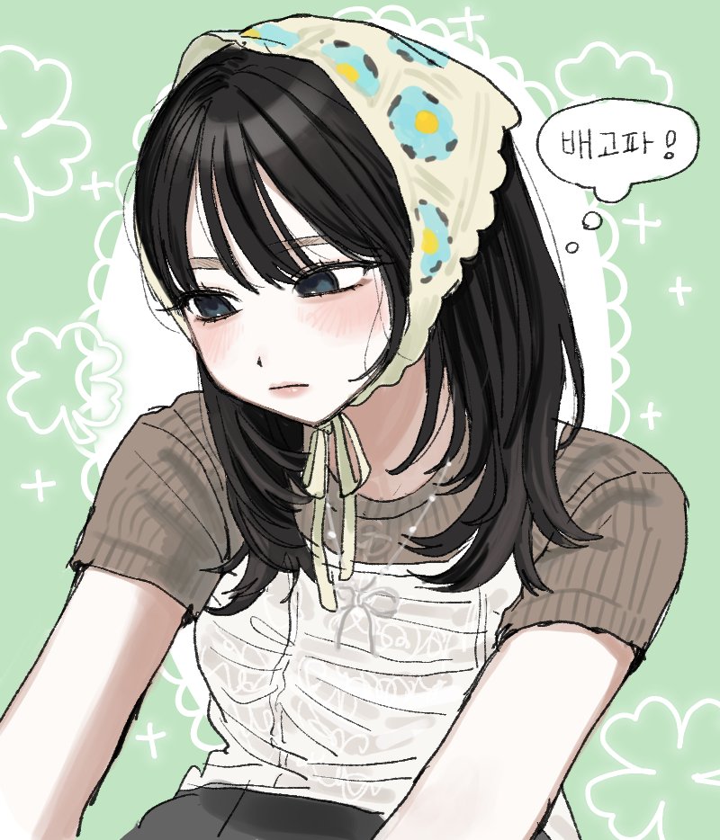 1girl, black_eyes, black_hair, bow_necklace, camisole, camisole_over_clothes, clover_background, green_background