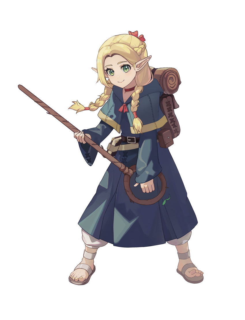 1girl, absurdres, ambrosia_(dungeon_meshi), backpack, bag, blonde_hair, blue_capelet, blue_robe