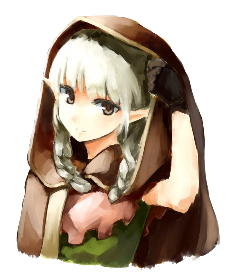 brown_eyes, cloak, dragon's_crown, dragon's_crown, elf, elf_(dragon's_crown), elf_(dragon's_crown), gloves, hood, koma_(raincrow), pointy_ears, solo, twin_braids, vanillaware, white_hair