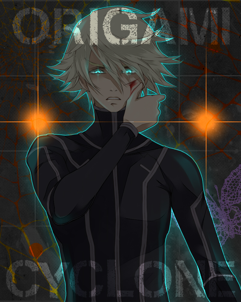 aqua_eyes, blonde_hair, blood, blue_eyes, bodysuit, gaika, glowing, glowing_eyes, injury, ivan_karelin, male, short_hair, solo, tiger_&amp;_bunny