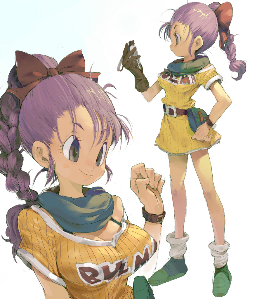 bare_legs, belt, bow, braid, breasts, bulma, cleavage, clothes_writing