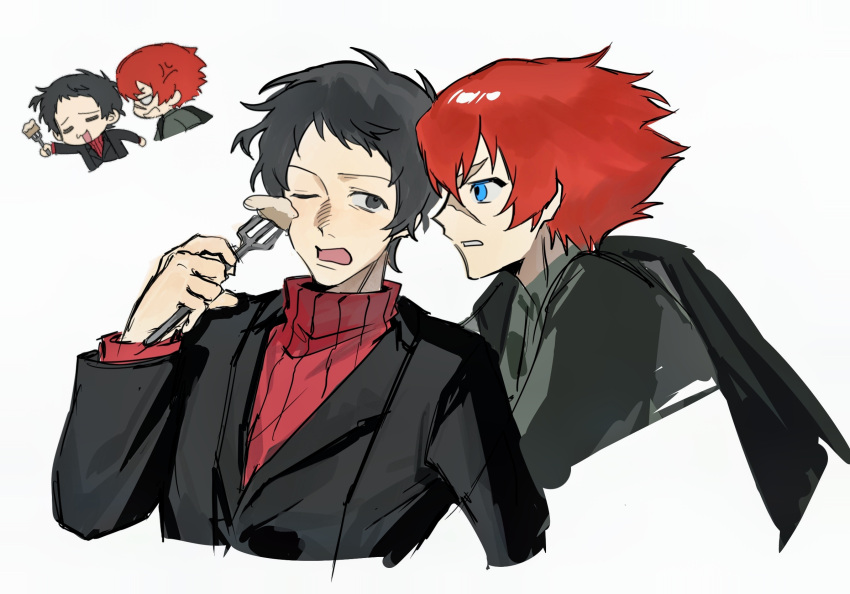 2boys, adachi_tooru, black_hair, black_jacket, blue_eyes, chengmingraven, chibi, commentary_request