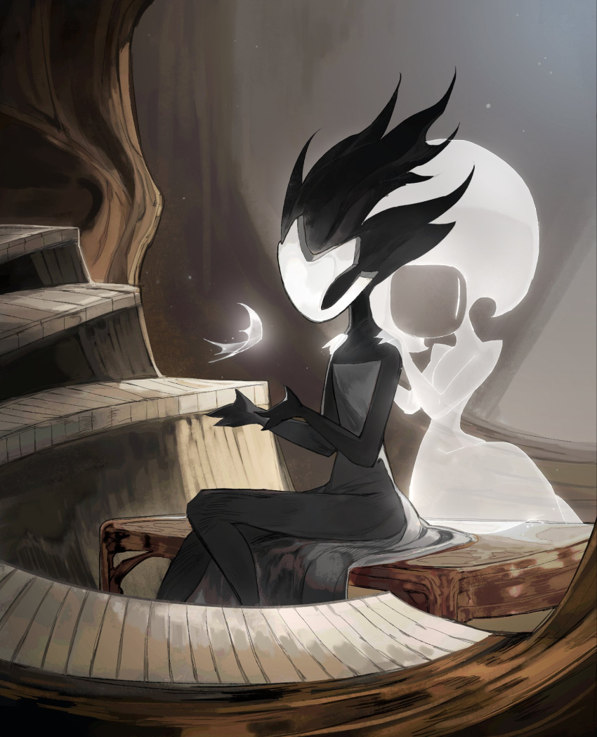 1girl, 1other, arthropod_girl, black_hair, black_skin, bodysuit, broken_mask, brown_dress