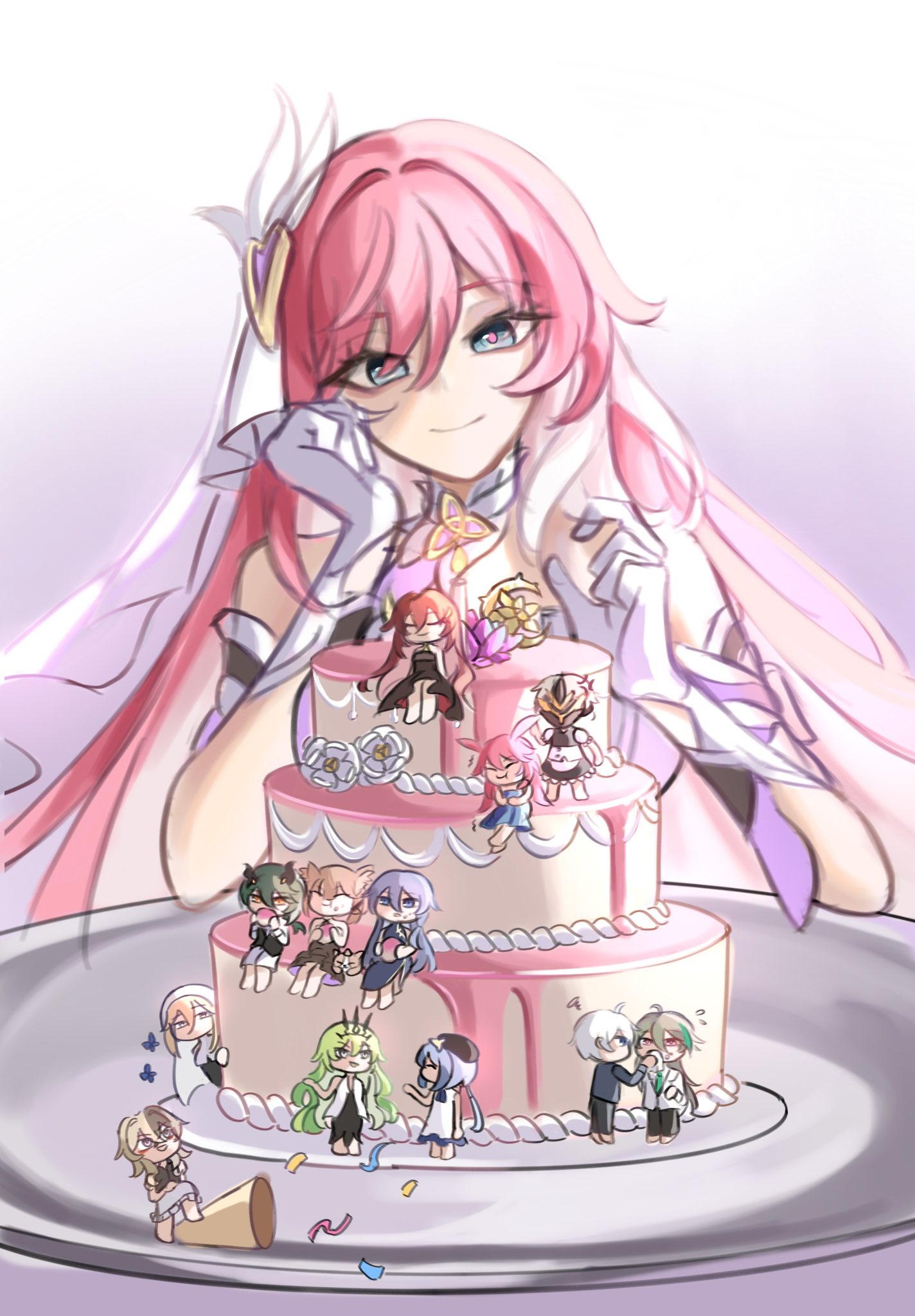 1girl, animal_ears, aponia, bare_shoulders, birthday_cake, black_dress, black_jacket, black_pants