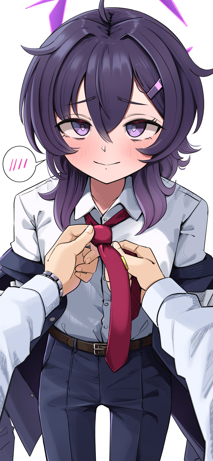 1boy, 1girl, absurdres, adjusting_clothes, adjusting_necktie, alternate_costume, belt, black_pants, blue_archive, blush, closed_mouth, commentary_request, coralreef966, cowboy_shot, dress_shirt, formal_clothes, hair_between_eyes, hair_ornament, hairclip, halo, haruka_(blue_archive), haruka_(suit)_(blue_archive), highres, jacket, jacket_partially_removed, looking_at_viewer, medium_hair, necktie, official_alternate_costume, pants, pov, pov_hands, purple_hair, purple_halo, red_necktie, sensei_(blue_archive), shirt, simple_background, smile, speech_bubble, spoken_blush, suit, suit_pants, violet_eyes, white_background, white_shirt