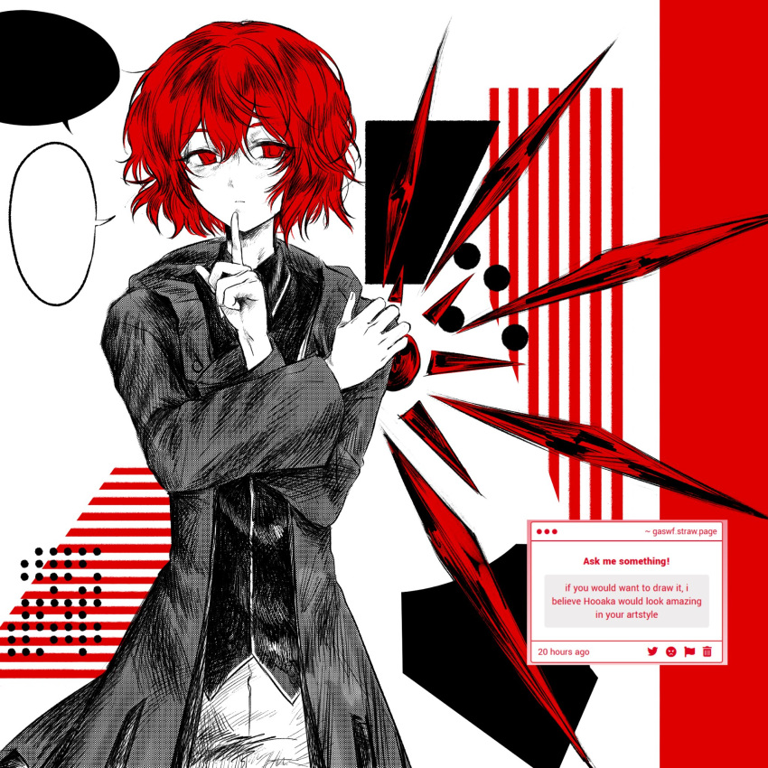 1other, abstract_background, androgynous, blank_speech_bubble, closed_mouth, collared_shirt, cowboy_shot, crystal_wings, detached_wings, dot_nose, finger_to_own_chin, gas_wf, greyscale, hair_between_eyes, hand_on_own_shoulder, highres, hood, hood_down, hooded_jacket, jacket, len'en, light_frown, long_sleeves, looking_at_viewer, monochrome, open_clothes, open_jacket, other_focus, red_eyes, red_hair, red_wings, screenshot_inset, shirt, shitodo_hooaka, short_hair, shorts, single_wing, solo, speech_bubble, spot_color, standing, tailcoat, white_background, wide_sleeves, wings