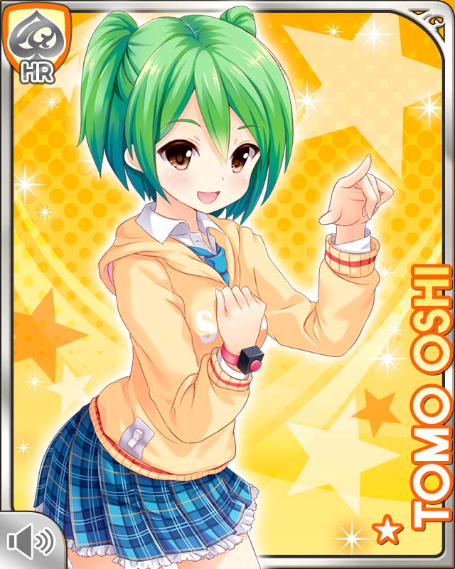 1girl, :d, blue_necktie, blue_skirt, brown_eyes, card_(medium), character_name, clenched_hand
