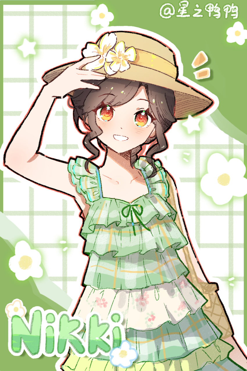 1girl, bag, bare_shoulders, black_hair, brown_hat, cherilynorz, collarbone, copyright_name