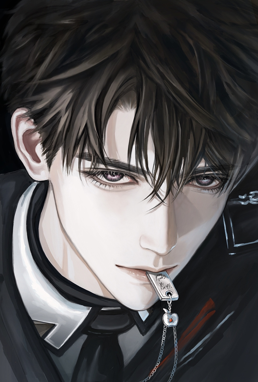 1boy, absurdres, apple, black_hair, caleb_(love_and_deepspace), close-up, commentary, food