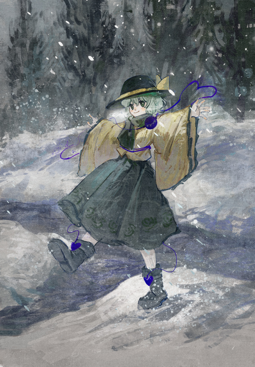 1girl, black_boots, black_hat, boots, chinese_commentary, closed_mouth, commentary_request, ge_dazuo, green_eyes, green_hair, green_scarf, green_skirt, hat, heart, heart_of_string, highres, komeiji_koishi, long_sleeves, looking_at_viewer, outdoors, outstretched_arms, scarf, shirt, skirt, smile, snow, snowing, solo, standing, standing_on_one_leg, third_eye, touhou, tree, wide_sleeves, winter, yellow_shirt