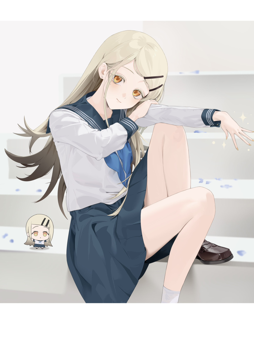 2girls, abel_makkonen_tesfaye, absurdres, bare_legs, black_skirt, blonde_hair, blue_neckerchief, brown_shoes