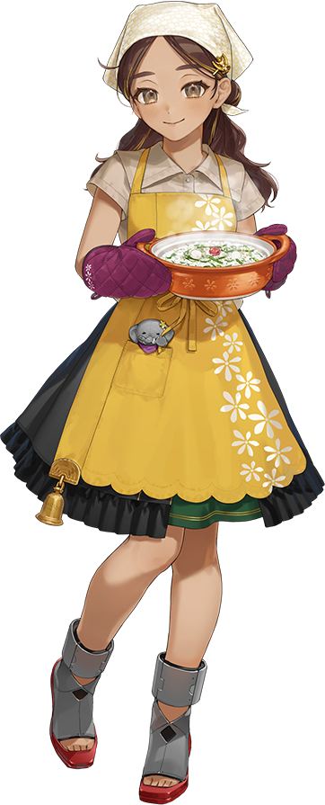 1girl, apron, bad_link, bandana, bell, black_skirt, boots, brown_eyes