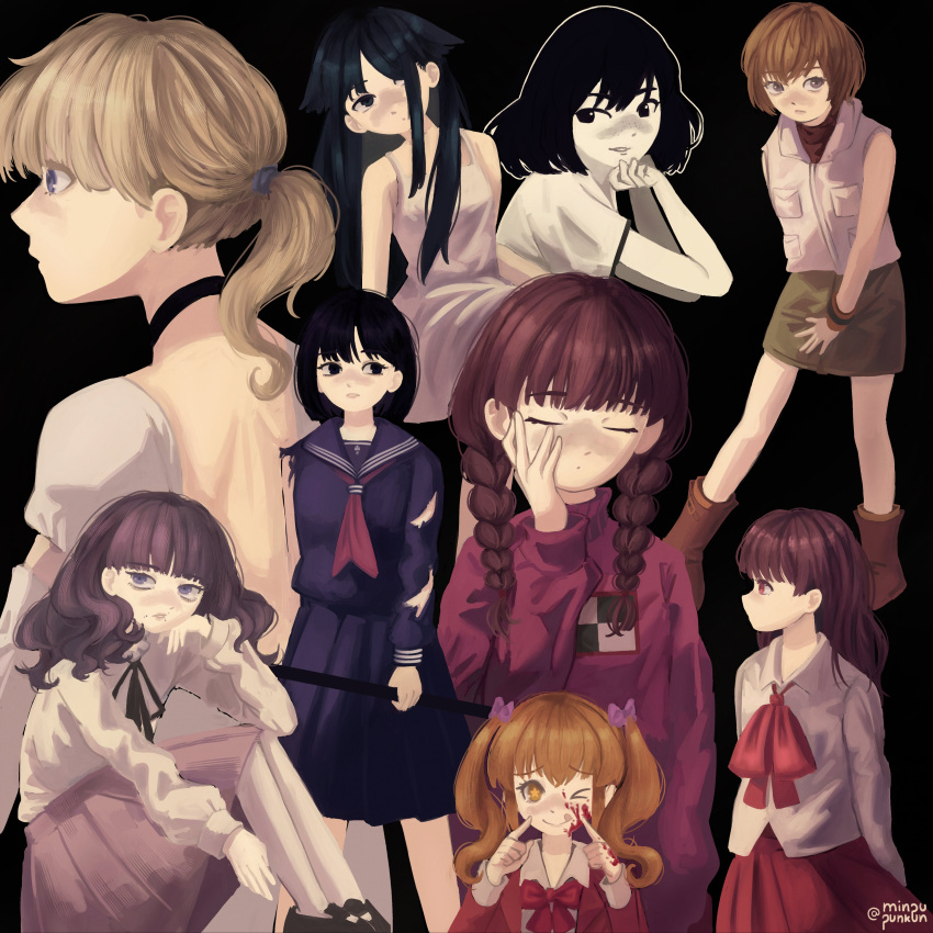 6+girls, absurdres, ascot, black_background, black_choker, black_eyes, black_hair, black_ribbon
