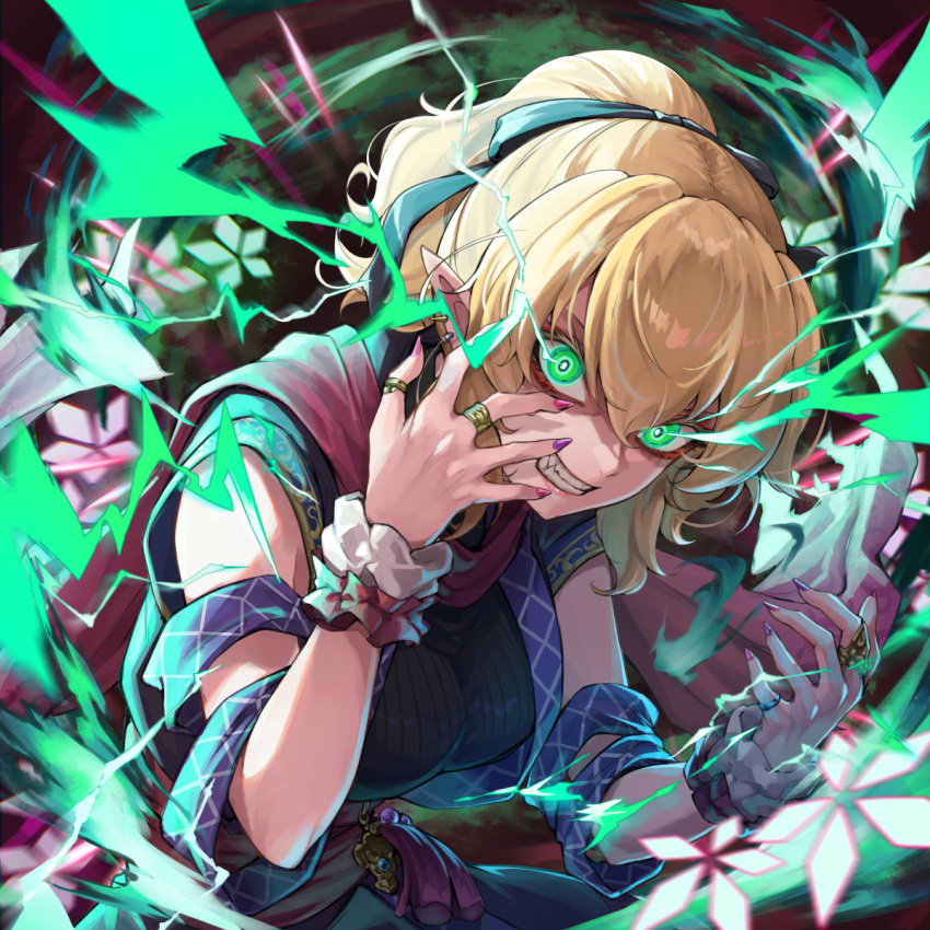 1girl, album_cover, black_sweater, blonde_hair, breasts, clenched_teeth, commentary_request, cover, energy, glaring, green_eyes, highres, jewelry, k2e-cradle, large_breasts, long_hair, looking_at_viewer, mizuhashi_parsee, multiple_rings, pointy_ears, ponytail, purple_nails, re_(re_09), red_scarf, ring, scarf, short_hair, sleeveless, sleeveless_sweater, solo, sweater, teeth, touhou, wrist_cuffs