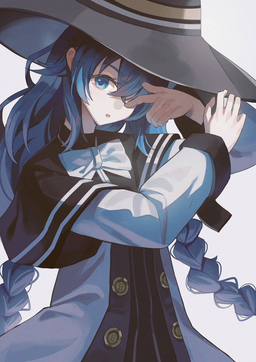 1girl, :o, absurdres, black_capelet, blue_eyes, blue_hair, braid, capelet, chujiuo, commentary, crossed_bangs, dress, gradient_background, grey_background, hair_between_eyes, hat, highres, large_hat, long_braid, long_hair, long_sleeves, looking_at_viewer, mushoku_tensei, roxy_migurdia, solo, twin_braids, very_long_hair, white_dress, witch_hat