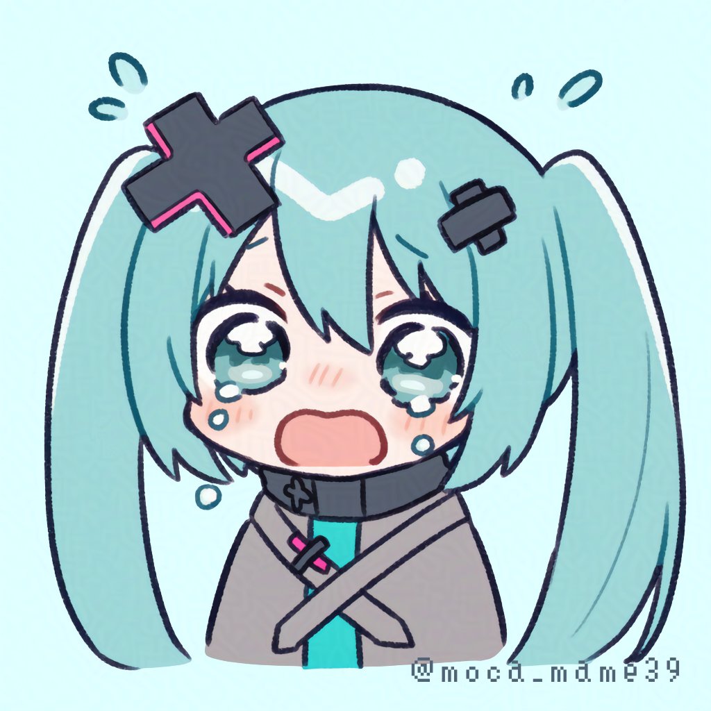 1girl, batsu_miku, blue_background, blue_eyes, blue_hair, blush, chibi, chibi_only