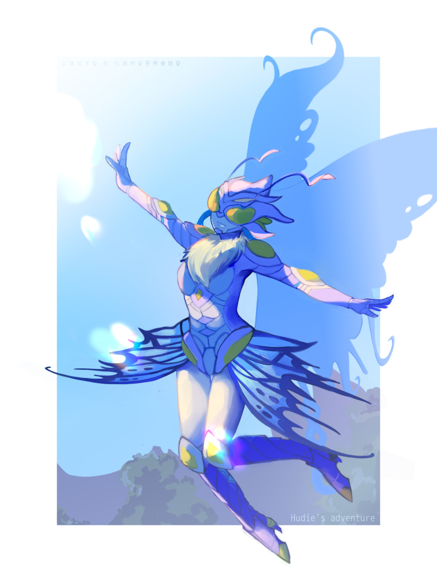 1girl, :d, antennae, armor, armored_boots, armored_leotard, arthropod_girl, blue_hair, boots, breasts, bug, butterfly, butterfly_girl, butterfly_wings, chinese_commentary, commentary_request, covered_eyes, digimoji, digimon, digimon_(creature), english_text, floating, full_body, fur_collar, head_wings, helmet, highres, hudiemon, insect_wings, knee_boots, lens_flare, leotard, medium_breasts, mixed-language_commentary, oikawa_kurobaba, open_mouth, outstretched_arms, purple_armor, purple_boots, purple_leotard, smile, solo, wings