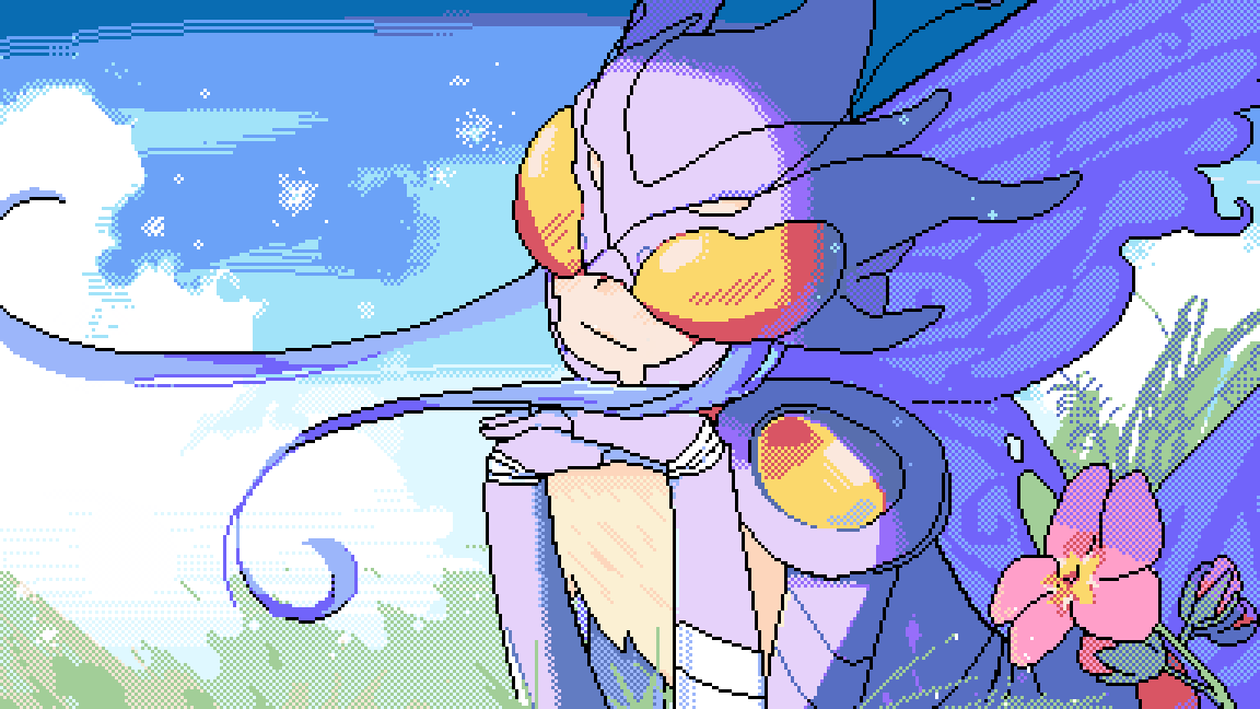 1girl, armor, armored_leotard, arthropod_girl, blue_hair, butterfly_girl, butterfly_wings, chinese_commentary, closed_mouth, commentary_request, covered_eyes, digimon, digimon_(creature), floating_hair, flower, fur_collar, grass, helmet, hudiemon, insect_wings, leotard, lying, mixed-language_commentary, oikawa_kurobaba, on_stomach, own_hands_clasped, own_hands_together, pixel_art, purple_armor, purple_leotard, short_hair_with_long_locks, smile, solo, wings