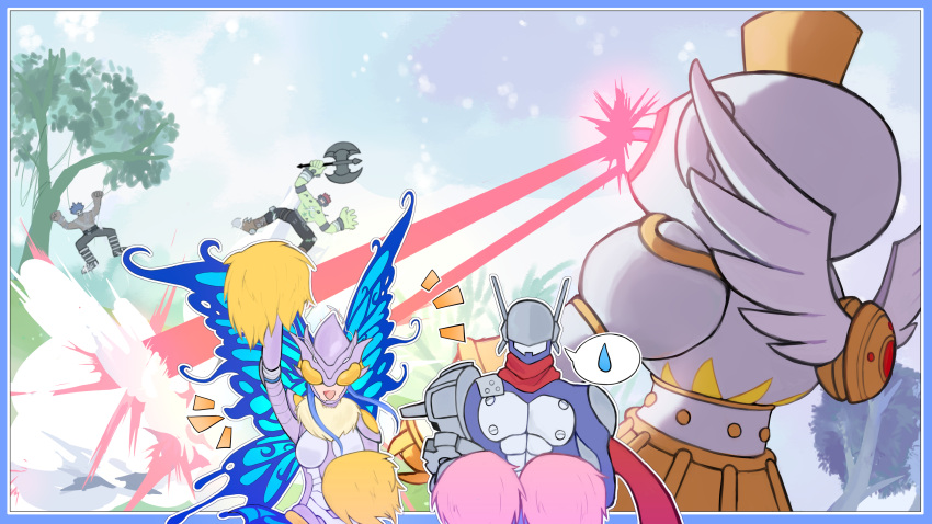 1girl, 3boys, absurdres, antennae, arm_up, armor, armored_leotard, arthropod_girl