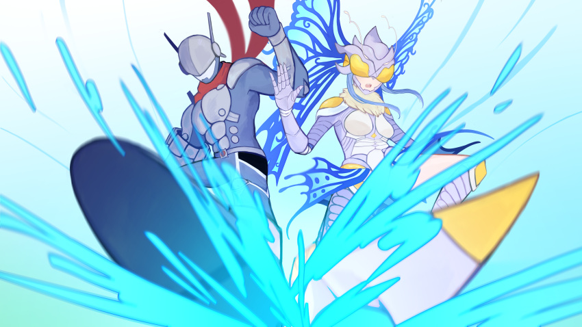 1boy, 1girl, absurdres, antennae, armor, armored_boots, armored_leotard, arthropod_girl