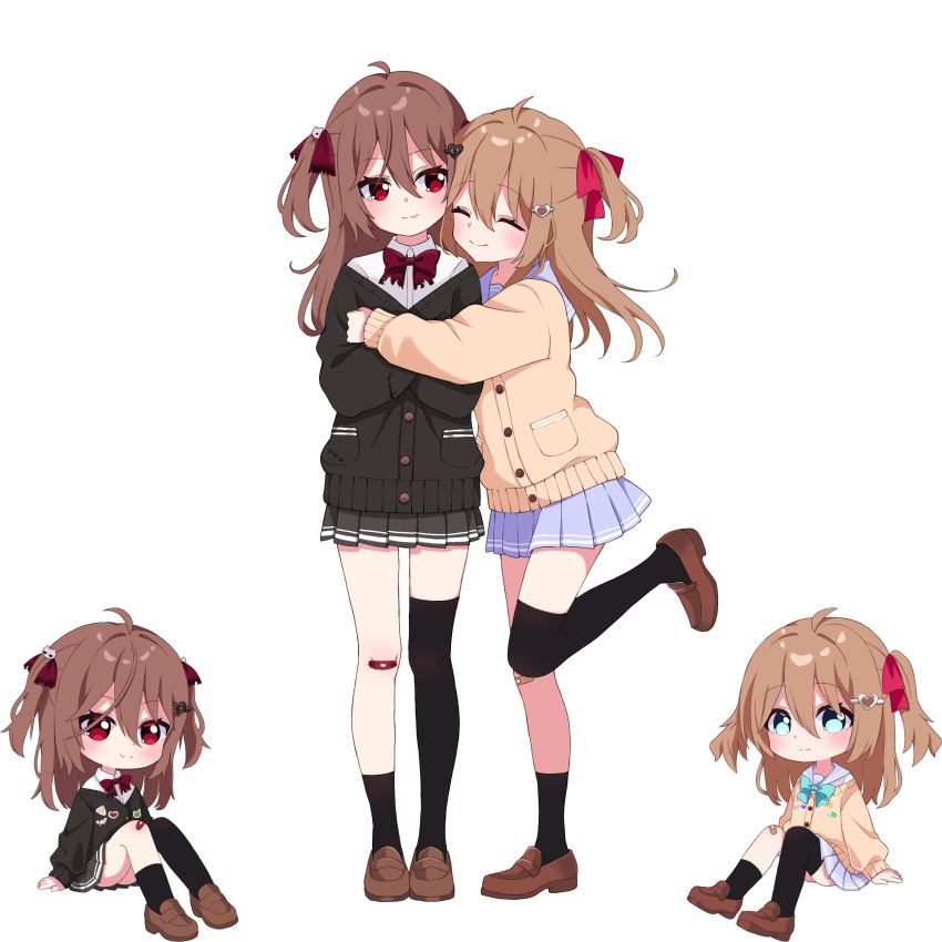 2girls, absurdres, ahoge, asymmetrical_legwear, black_cardigan, black_skirt, black_socks, black_thighhighs, blue_sailor_collar, bow, bowtie, broken_heart, broken_heart_hair_ornament, brown_hair, brown_shoes, cardigan, chibi, closed_eyes, closed_mouth, commentary, commission, dress_shirt, english_commentary, evil_neuro-sama, fang, full_body, gi_irst, hair_between_eyes, hair_ornament, hair_ribbon, heart, heart_hair_ornament, highres, hug, leg_up, loafers, long_hair, long_sleeves, miniskirt, multiple_girls, neuro-sama, pleated_skirt, red_bow, red_bowtie, red_eyes, red_ribbon, ribbon, sailor_collar, second-party_source, shirt, shoes, siblings, simple_background, single_sock, single_thighhigh, sisters, sitting, skin_fang, skirt, smile, socks, standing, standing_on_one_leg, thigh-highs, torn_bowtie, twins, two_side_up, uneven_legwear, vedal_ai, virtual_youtuber, white_background, white_shirt, yellow_cardigan, yellow_skirt