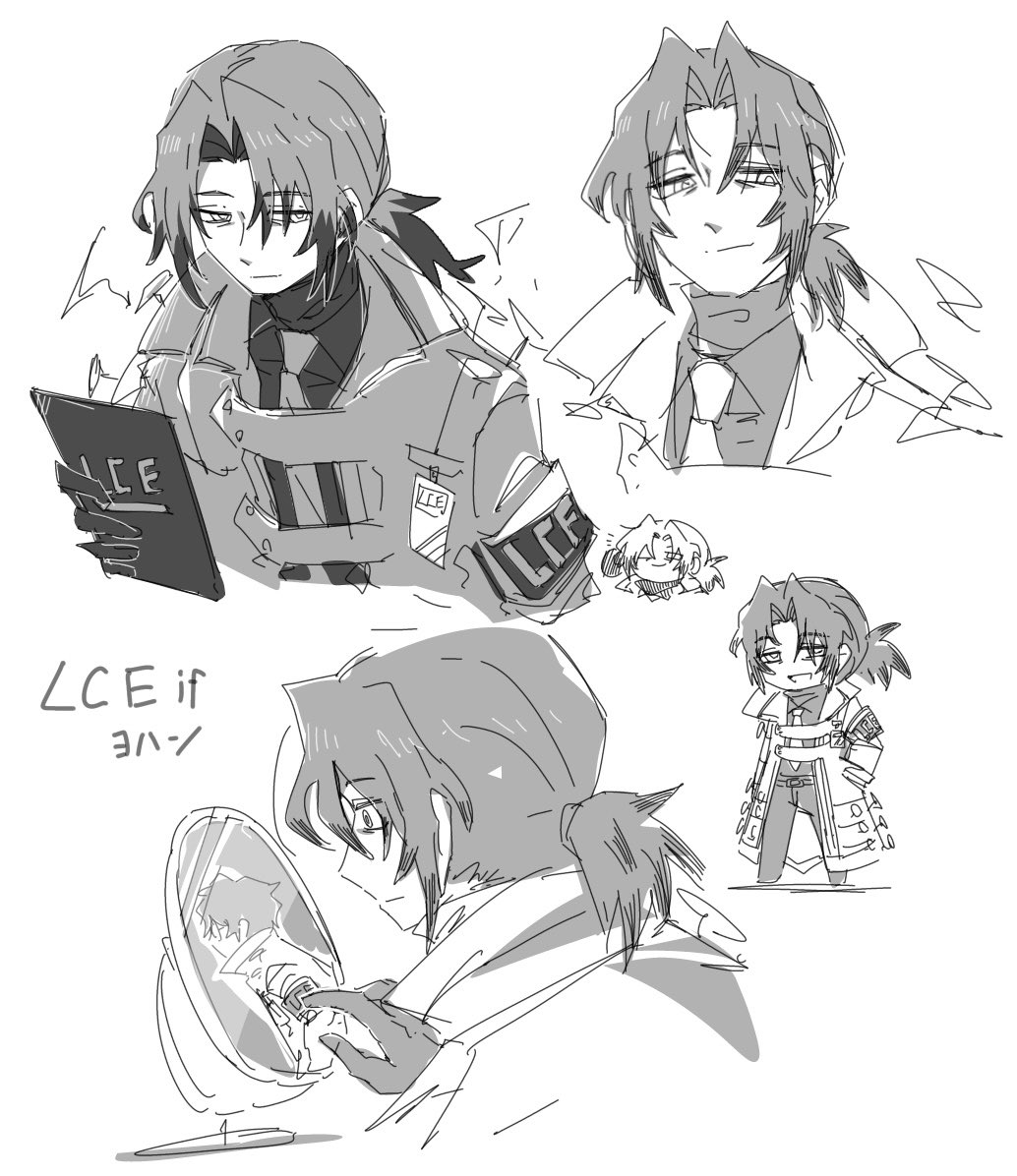 2boys, aedd_(e.g.o), chibi, chibi_inset, clipboard, coat, collared_shirt, commentary_request