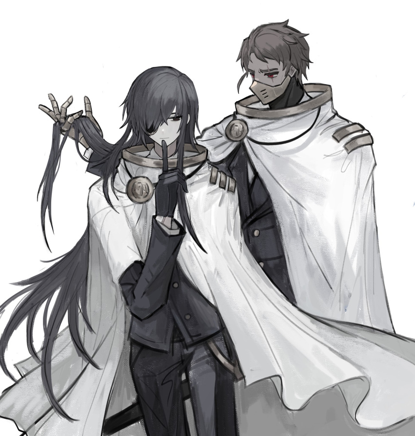 2boys, badge, black_eyes, black_gloves, black_hair, black_jacket, black_pants, brown_hair