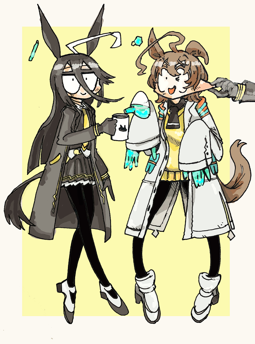 2girls, agnes_tachyon_(umamusume), ahoge, black_coat, black_necktie, black_pantyhose, black_skirt, blunt_ends