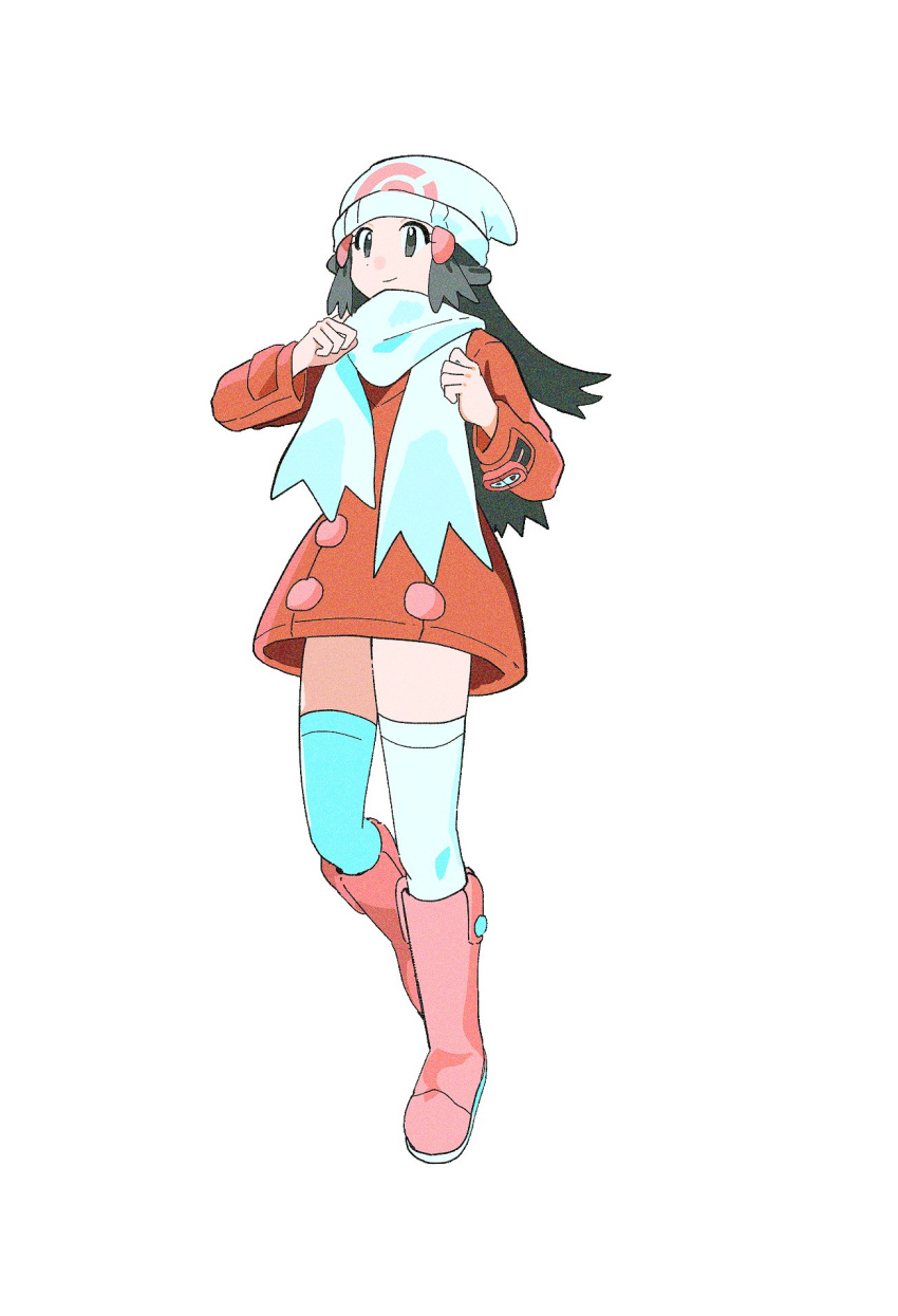 1girl, beanie, black_hair, boots, closed_mouth, coat, grey_eyes, hair_ornament