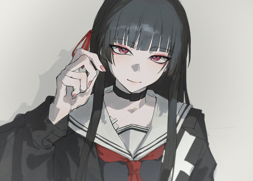 1girl, black_choker, black_hair, black_jacket, black_shirt, chisa_(wuthering_waves), choker, closed_mouth