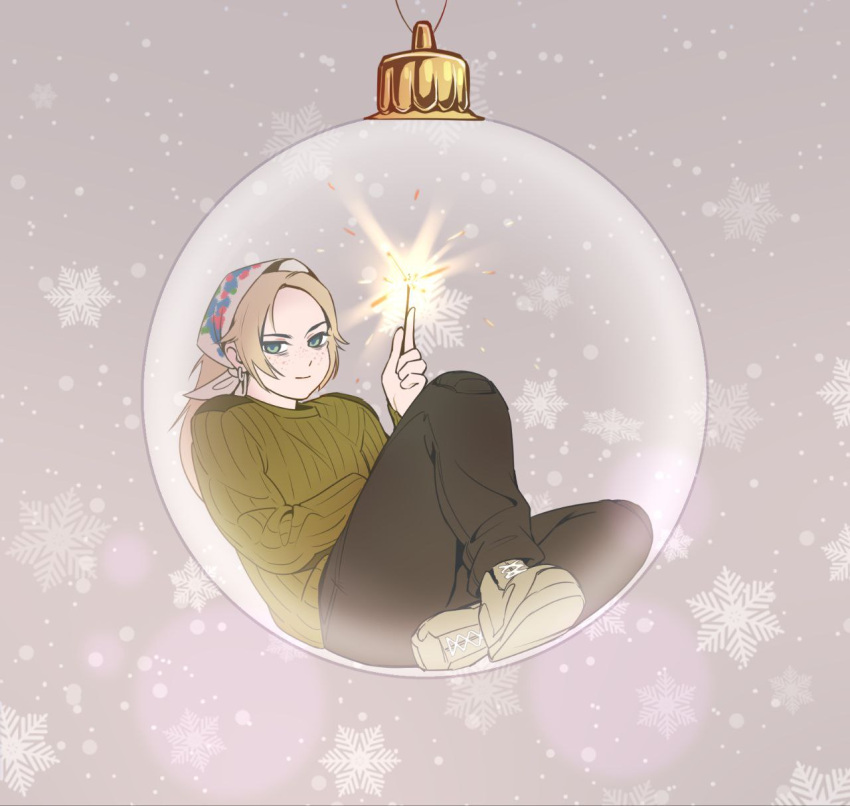 1girl, anichiva, blonde_hair, blue_eyes, christmas, christmas_cracker, christmas_lights, christmas_ornaments