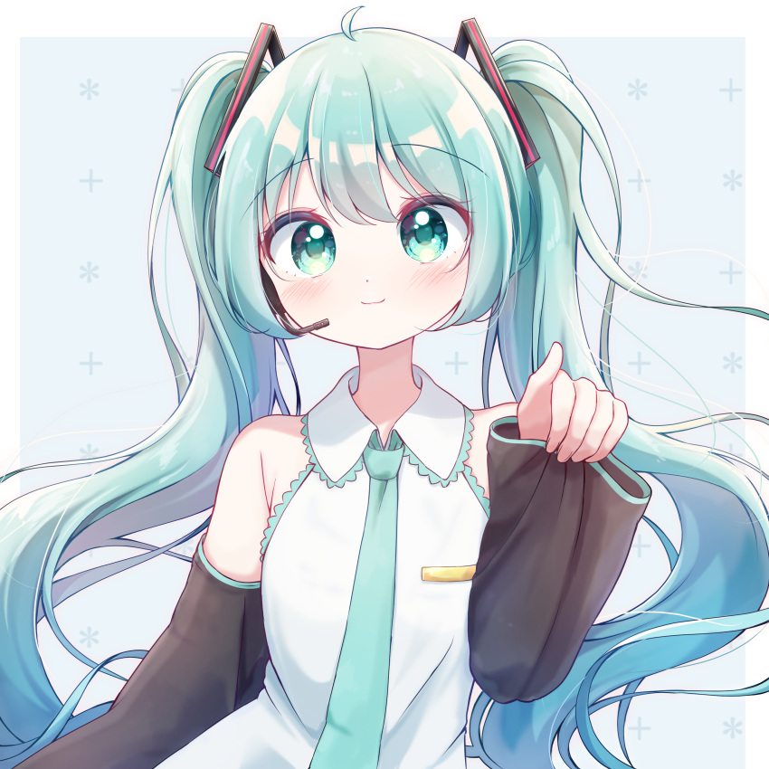 1girl, :3, absurdres, ahoge, armpit_crease, bare_shoulders, black_sleeves, blue_background, blush, border, collared_shirt, commentary, detached_sleeves, dot_nose, green_eyes, green_hair, green_necktie, hand_up, haruiroha, hatsune_miku, headset, highres, long_hair, long_sleeves, looking_at_viewer, necktie, open_mouth, outside_border, partially_bordered, pinching_sleeves, shirt, sleeveless, sleeveless_shirt, smile, solo, twintails, upper_body, vocaloid, white_border, white_shirt