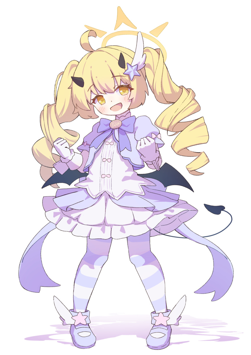 1girl, :d, ahoge, black_horns, black_tail, black_wings, blonde_hair, blue_archive