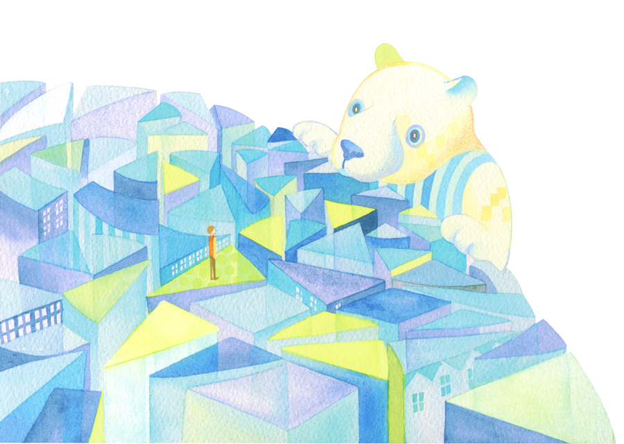 chorochoro, fantasy, giant, original, polar_bear, simple_background, solo, surreal, traditional_media, watercolor_(medium), white_background