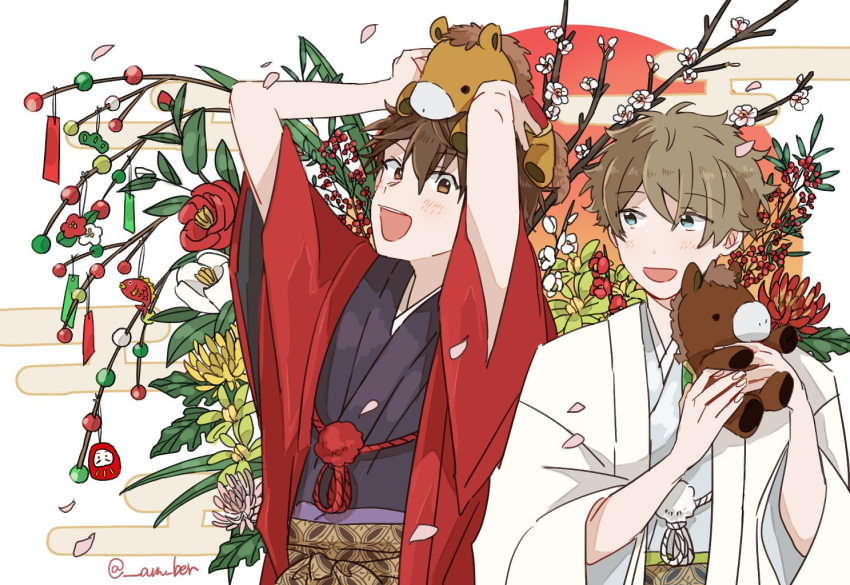 2boys, am_ber, aqua_eyes, arms_up, brown_eyes, brown_hair, commentary_request, ensemble_stars!, falling_petals, flower, hair_between_eyes, hands_up, horse, japanese_clothes, leaf, looking_at_another, male_focus, morisawa_chiaki, multiple_boys, open_mouth, petals, pink_petals, short_hair, smile, stuffed_animal, stuffed_toy, takamine_midori, tanzaku, teeth, twitter_username, upper_body, upper_teeth_only, yellow_flower