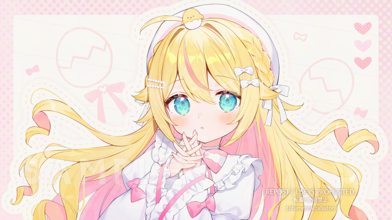 1girl, :o, beret, blonde_hair, border, bow, braid, chidori_hina_(vtuber)