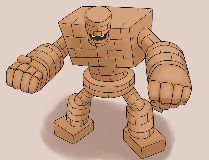 1other, brown_background, clenched_hands, commentary_request, dragon_quest, fighting_stance, full_body, golem, golem_(dragon_quest), highres, looking_at_viewer, monster, no_humans, no_pupils, otamajack, simple_background, solo, standing, white_eyes