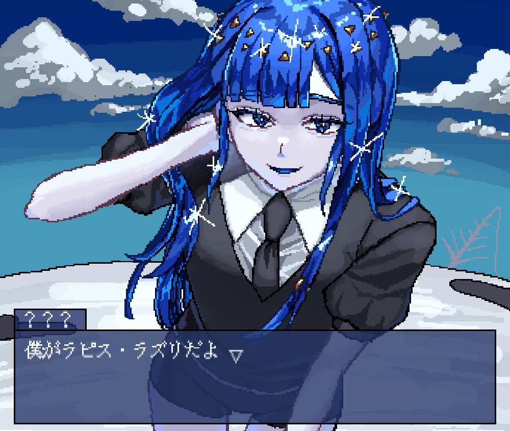 1other, arm_behind_head, belt, black_necktie, black_shorts, black_sweater, blue_eyes, blue_hair, blue_sky, clouds, colored_skin, gem_uniform_(houseki_no_kuni), ghg780850545501, houseki_no_kuni, lapis_lazuli_(houseki_no_kuni), leaning_forward, looking_at_viewer, necktie, pixel_art, puffy_short_sleeves, puffy_sleeves, shirt, short_shorts, short_sleeves, shorts, sky, solo, sparkle, sweater, v-neck, white_shirt, white_skin