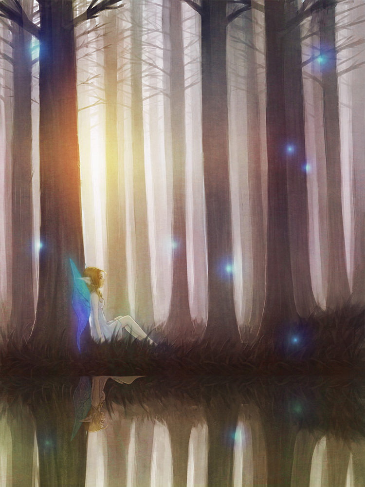 clarityblue, dress, fairy, fairy_wings, original, reflection, tree, water
