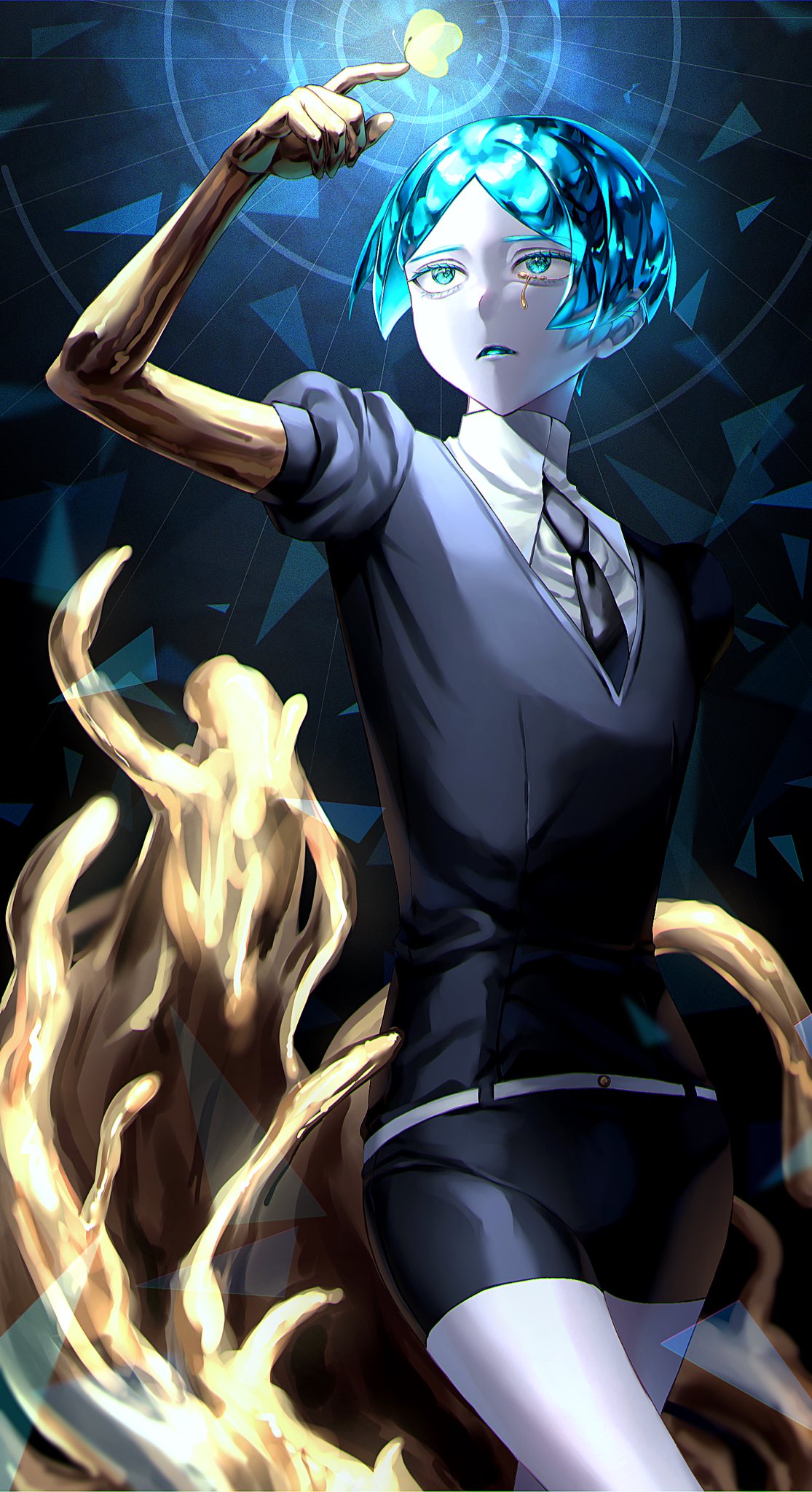 1other, black_necktie, black_shorts, black_sweater, bug, butterfly, butterfly_on_hand, colored_skin