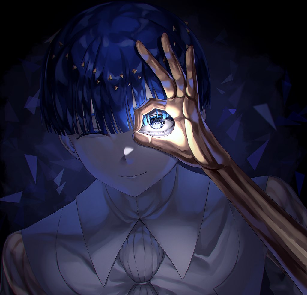 1other, blue_hair, commentary_request, ghg780850545501, glowing, glowing_eye, golden_arms, hand_over_eye