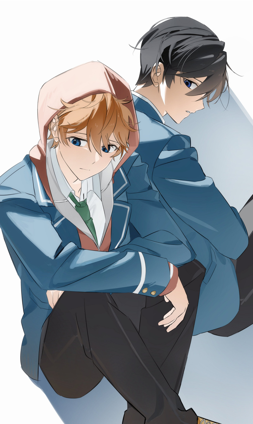 2boys, absurdres, akehoshi_subaru, arms_on_knees, black_hair, black_pants, blazer, blue_eyes