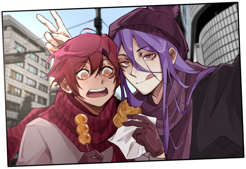 2boys, beanie, bishounen, border, brown_shawl, commentary, dango, english_commentary