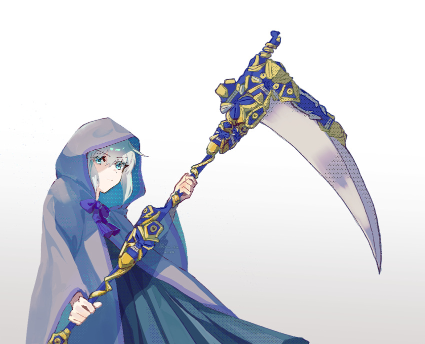 1girl, aqua_eyes, black_dress, cloak, dress, fate_(series), gray_(fate), grey_cloak, grey_hair, hood, hooded_cloak, long_sleeves, looking_at_viewer, lord_el-melloi_ii_case_files, medium_hair, scythe, sidelocks, solo, su_su4204