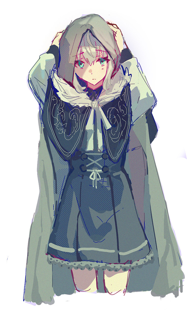 1girl, arms_up, black_cloak, black_dress, breasts, cloak, dress, fate_(series), fur-trimmed_cloak, fur_trim, gray_(fate), green_eyes, grey_hair, highres, hood, hooded_cloak, long_sleeves, looking_at_viewer, lord_el-melloi_ii_case_files, medium_hair, sidelocks, small_breasts, solo, su_su4204