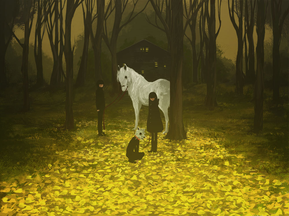 1girl, autumn, chimera, faceless, fantasy, forest, gingko_leaf, ginkgo