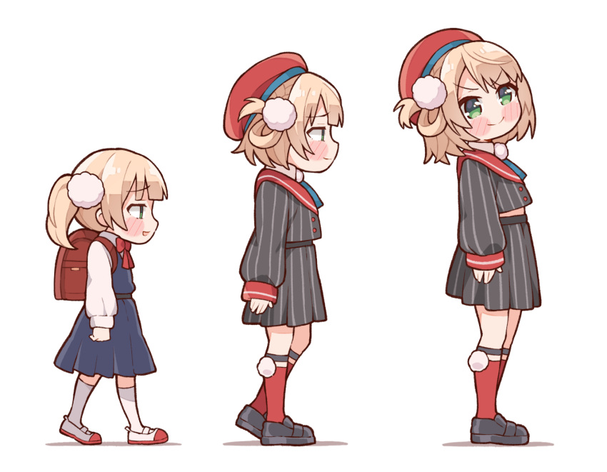 2girls, age_progression, backpack, bag, black_jacket, black_skirt, blonde_hair, blush_stickers, commentary_request, english_commentary, from_side, full_body, green_eyes, hair_ornament, hat, highres, hunched_over, indie_virtual_youtuber, jacket, kukie-nyan, meme, mixed-language_commentary, multiple_girls, pleated_skirt, pom_pom_(clothes), pom_pom_hair_ornament, profile, progression, randoseru, red_hat, shigure_ui_(1st_costume)_(vtuber), shigure_ui_(vtuber), shigure_ui_(young)_(vtuber), skirt, slouching, slouching_shigure_ui_(meme), virtual_youtuber
