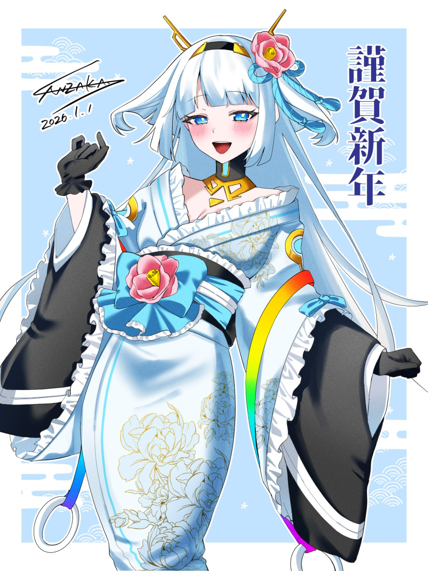1girl, alternate_costume, artist_name, black_gloves, black_hairband, black_sash, blue_bow, blue_eyes, blue_kimono, bow, collar, commentary_request, dated, eudie_(shadowverse), flower, frilled_kimono, frilled_sleeves, frills, gloves, hair_flower, hair_ornament, hairband, highres, japanese_clothes, kimono, layered_kimono, long_hair, looking_at_viewer, obi, obiage, obijime, open_mouth, pink_flower, sanzakasun, sash, shadowverse, shadowverse:_worlds_beyond, solo, white_hair